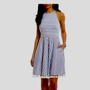 Eliza J Blue Grey and White Striped Linen Midi Dress